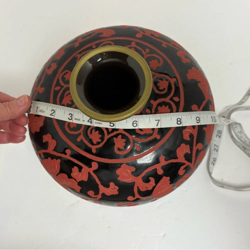 Vintage Hand Enameled Black on Red Floral Porcelain Round Decorarive Vase